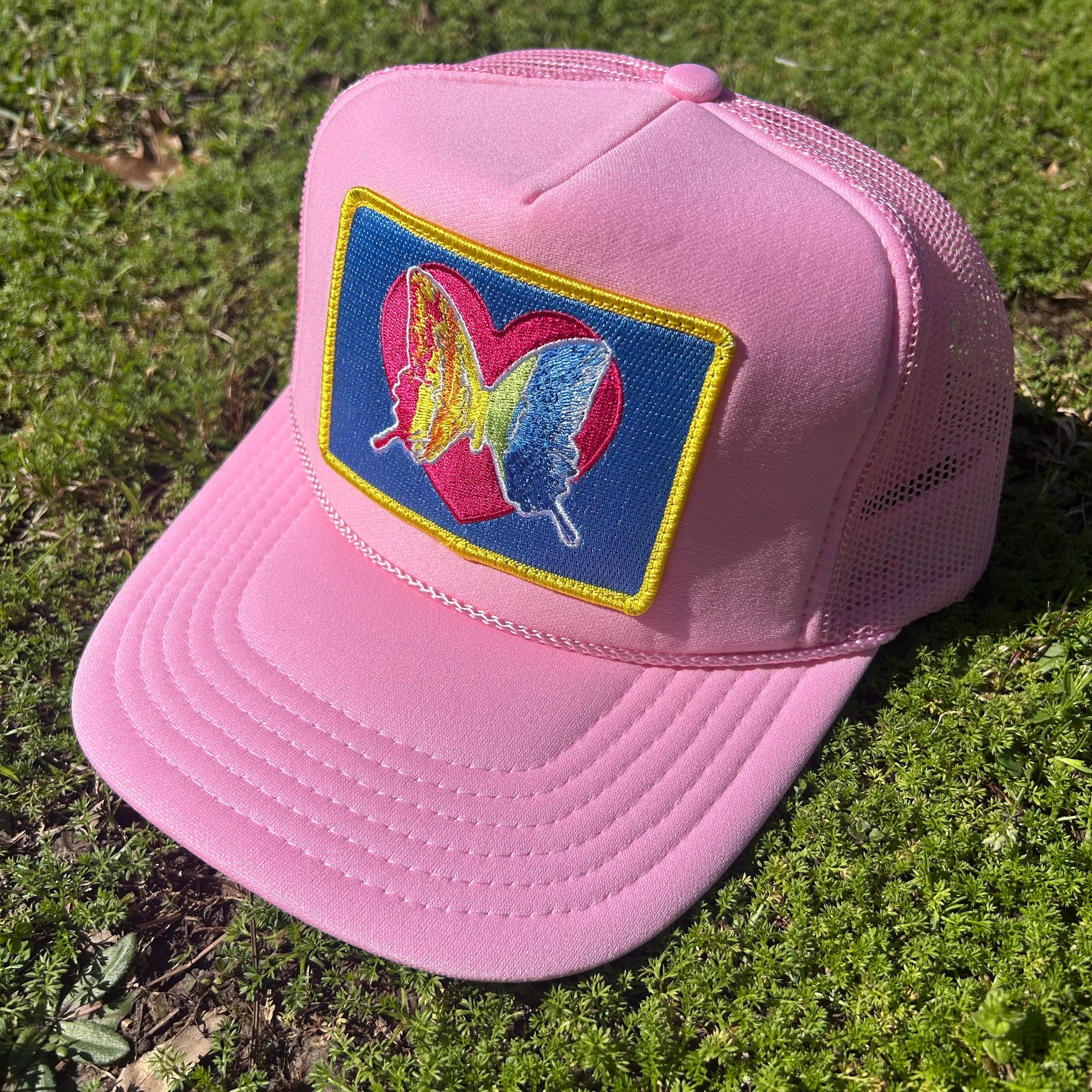 Trucker Hat Embellished Green and  Pink Accents Kids Light Denim Trucker Hat - Pink Logo | Von Dutch main image 2