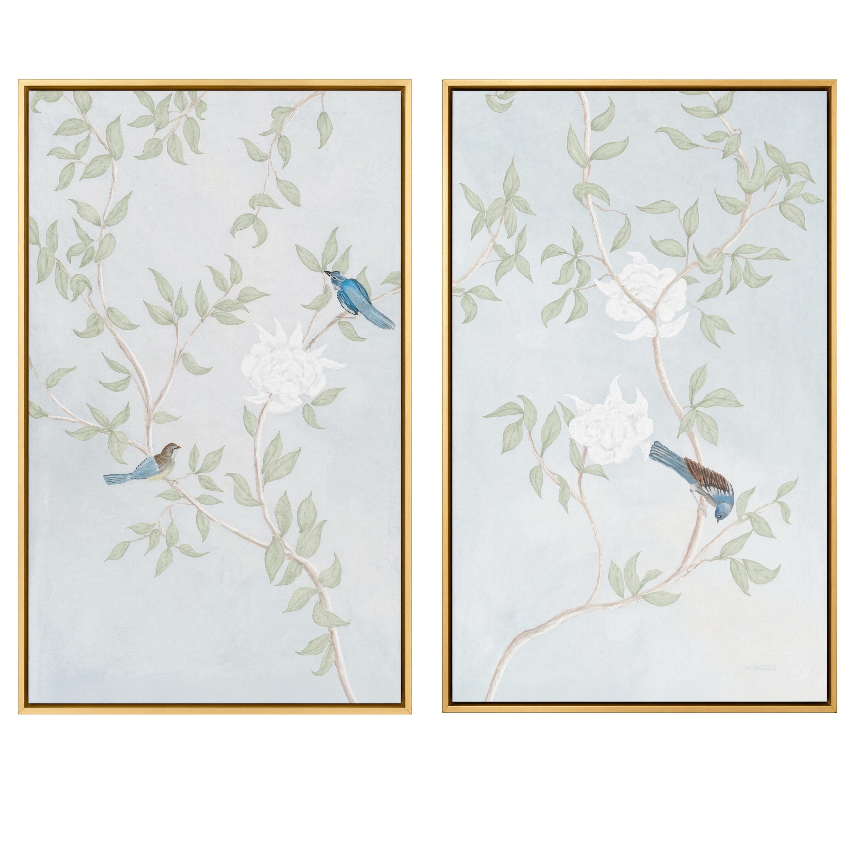 “Chinoiserie Garden in Light Blue with Green Petals”