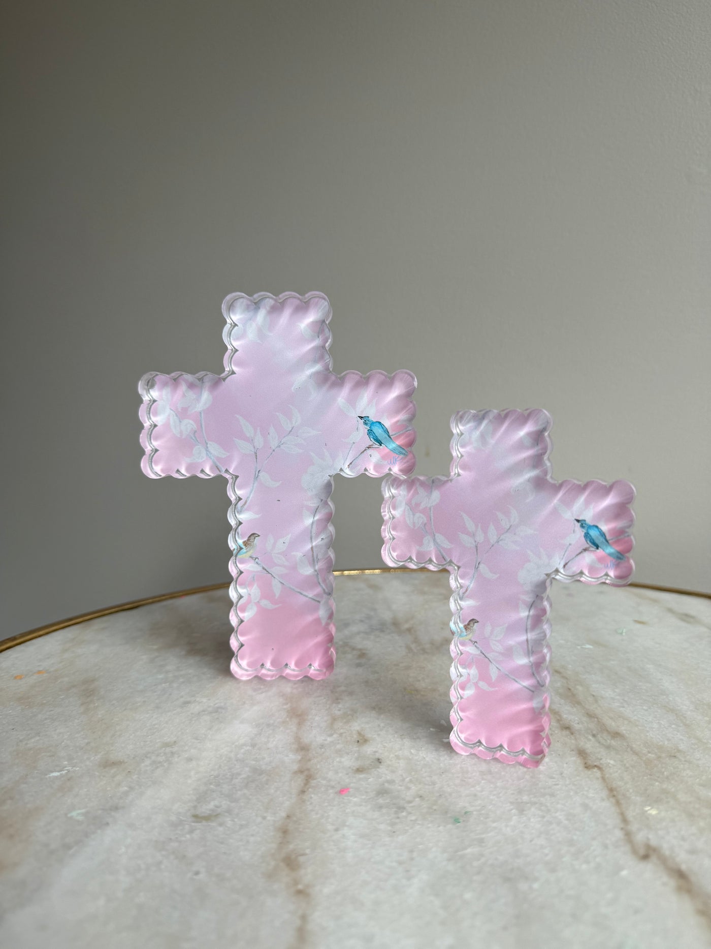 Seconds Sale “Pink Chinoiserie Scalloped Edge Cross” Acrylic Shelfie
