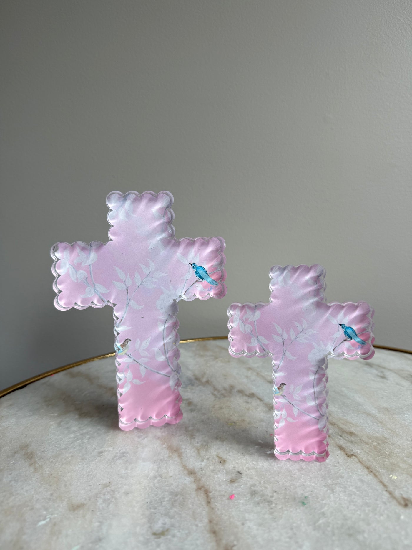 Seconds Sale “Pink Chinoiserie Scalloped Edge Cross” Acrylic Shelfie