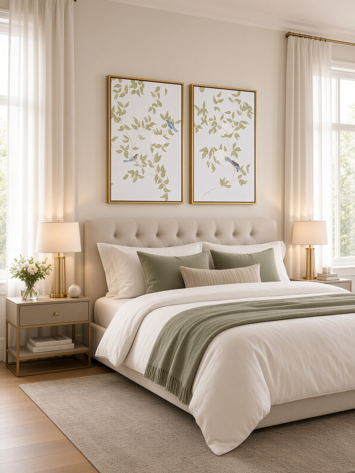 “Chinoiserie Garden in Light Blue with Green Petals”