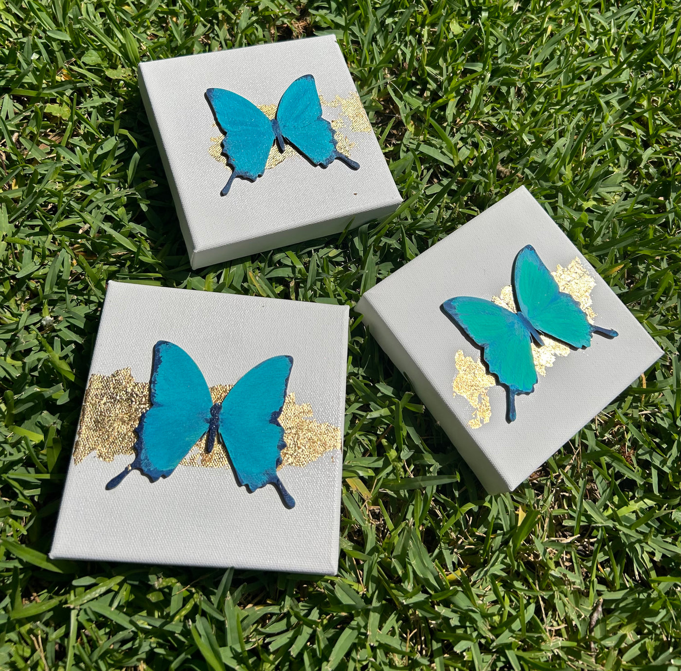 6x6 Blue Hand Painted Gold Leaf Butterfly