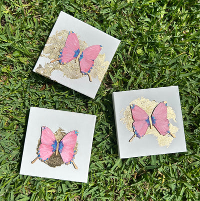 6x6 Pink Hand Painted Gold Leaf Butterfly