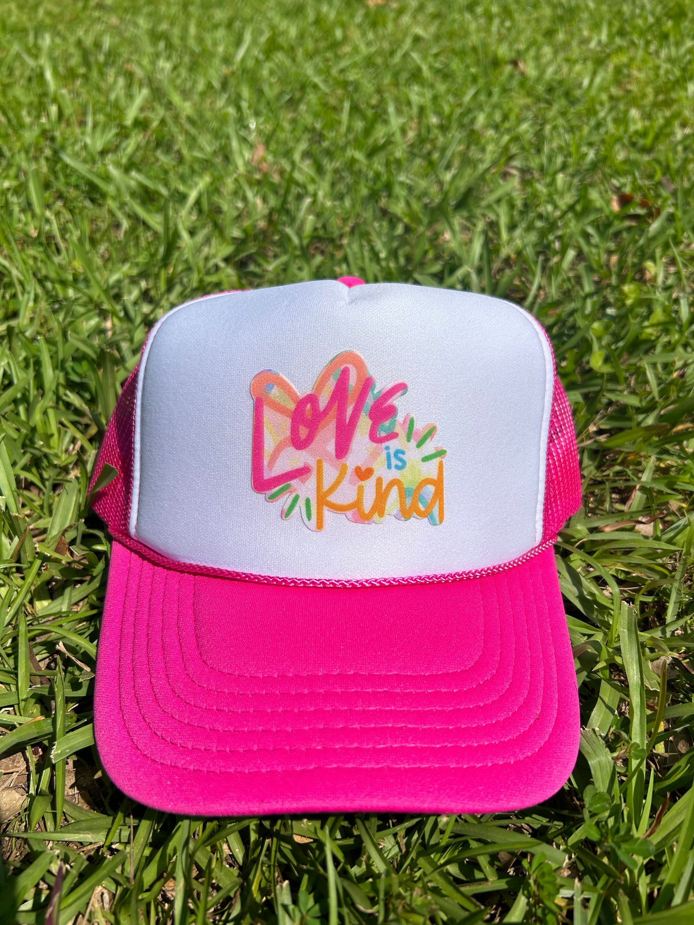 “Love is Kind hot pink/white" Trucker Hat