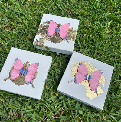 6x6 Pink Hand Painted Gold Leaf Butterfly