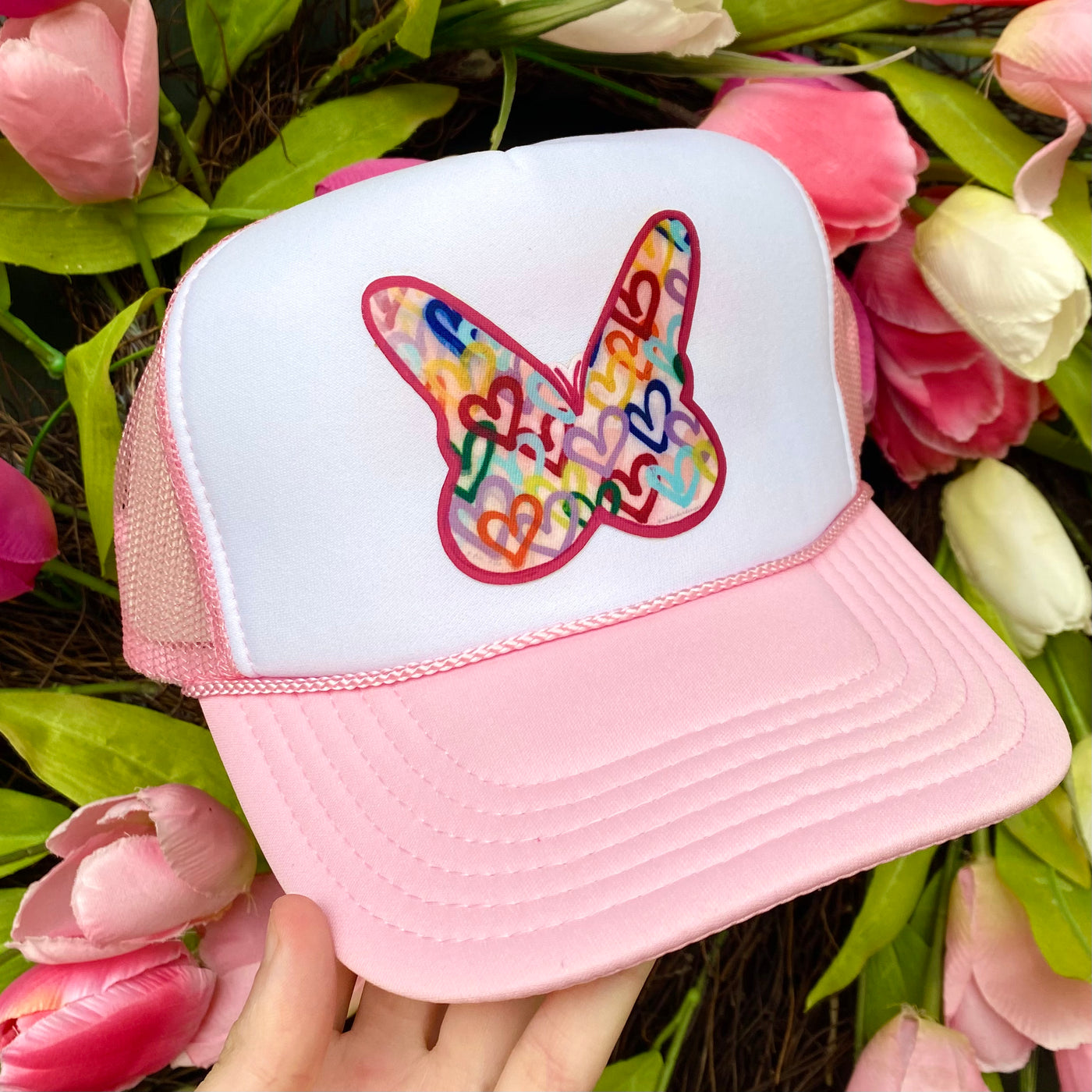 “Light Pink/White Butterfly" Trucker Hat